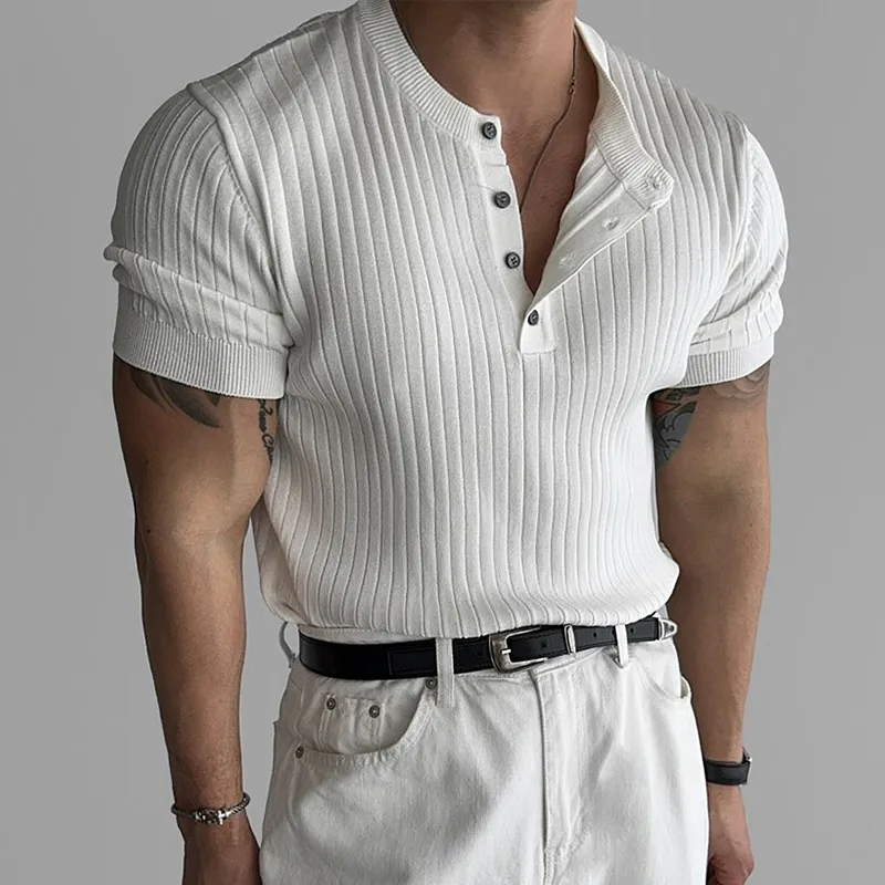 Men's Fashion Solid Knit Striped Henley Collar Short Sleeve T-shirt MTA2732C0Z sold by Manly product image thumbnail 2