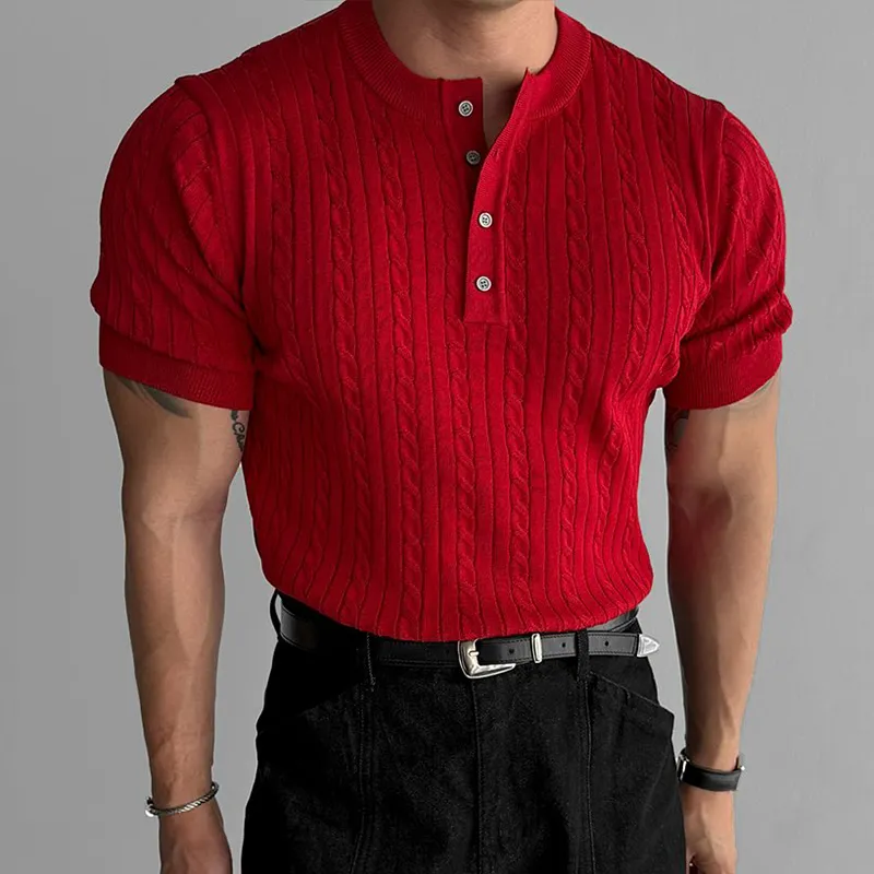 Men's Fashion Solid Knit Cable Striped Henley Collar Short Sleeve T-shirt MTA2791C2Z sold by Manly product image thumbnail 3