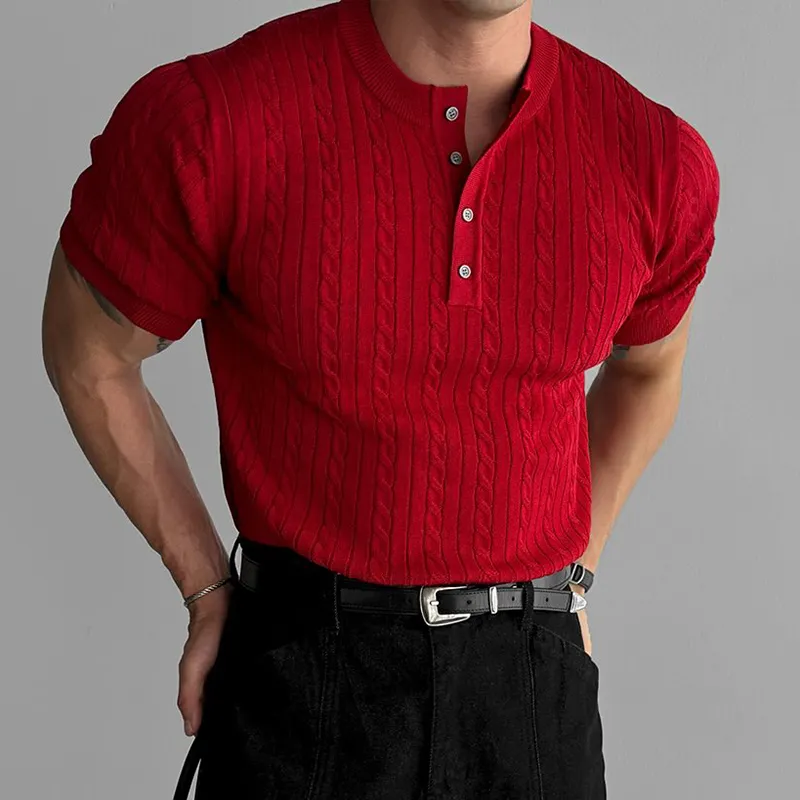 Men's Fashion Solid Knit Cable Striped Henley Collar Short Sleeve T-shirt MTA2791C2Z sold by Manly product image thumbnail 2