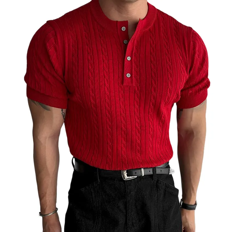 Men's Fashion Solid Knit Cable Striped Henley Collar Short Sleeve T-shirt MTA2791C2Z sold by Manly