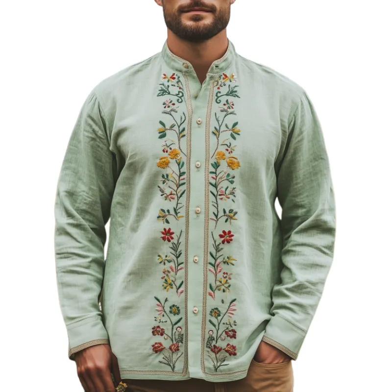 Men's Spring and Summer Fashion Retro Casual Stand-up Collar Embroidered Long-sleeved Shirt MTA2884C8K sold by Manly