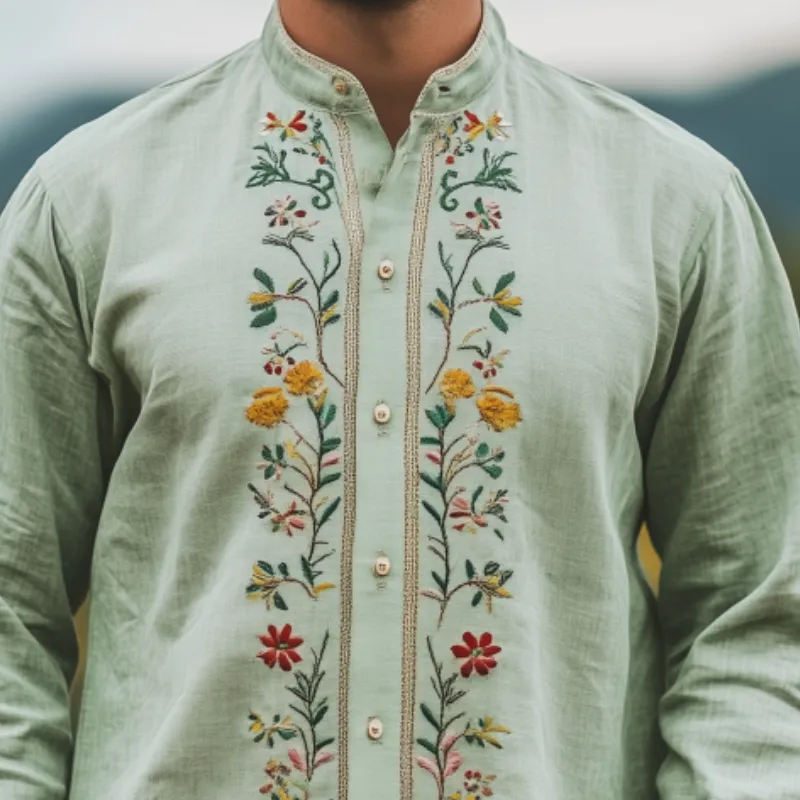 Men's Spring and Summer Fashion Retro Casual Stand-up Collar Embroidered Long-sleeved Shirt MTA2884C8K sold by Manly product image thumbnail 3
