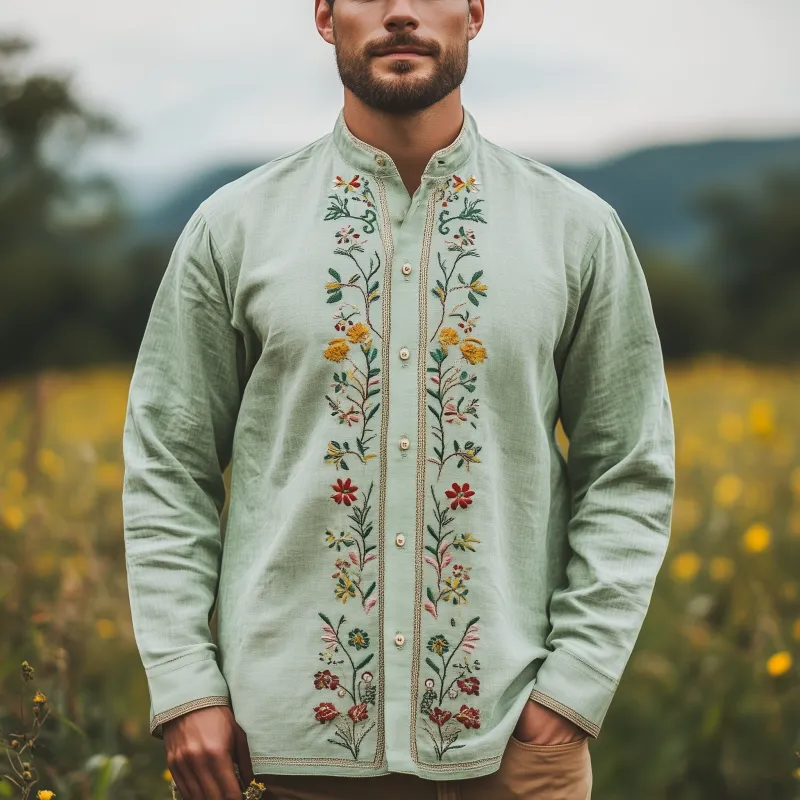 Men's Spring and Summer Fashion Retro Casual Stand-up Collar Embroidered Long-sleeved Shirt MTA2884C8K sold by Manly product image thumbnail 2