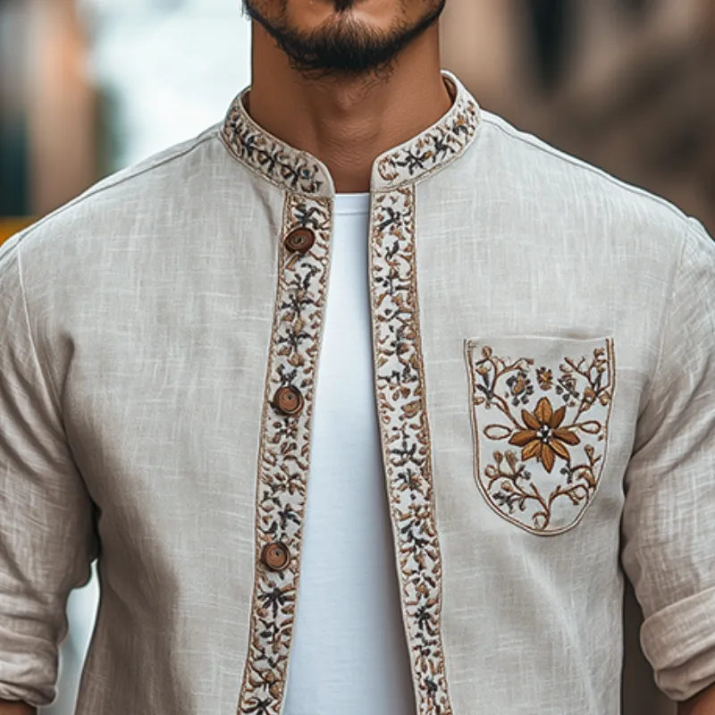 Men's Spring Fashion Retro Stand Collar Embroidered Long Sleeve Shirt MTA2843C7K sold by Manly product image thumbnail 3