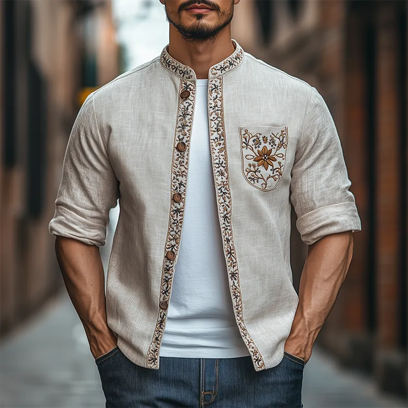 Men's Spring Fashion Retro Stand Collar Embroidered Long Sleeve Shirt MTA2843C7K sold by Manly product image thumbnail 2