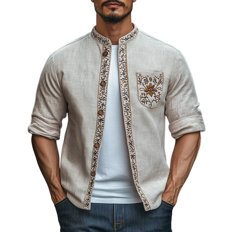Men's Spring Fashion Retro Stand Collar Embroidered Long Sleeve Shirt MTA2843C7K sold by Manly