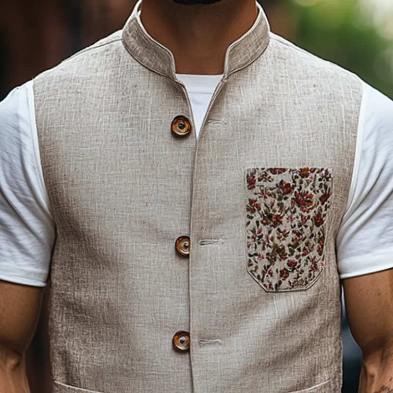 Men's Spring Fashion Retro Stand Collar Embroidered Ramie Vest MTA2892C2K sold by Manly product image thumbnail 3