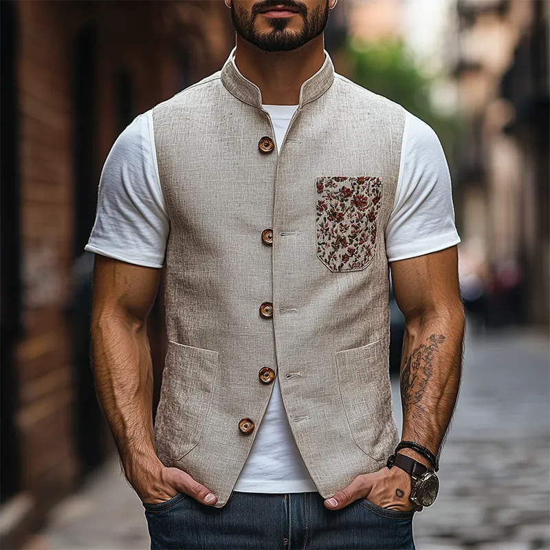 Men's Spring Fashion Retro Stand Collar Embroidered Ramie Vest MTA2892C2K sold by Manly product image thumbnail 2