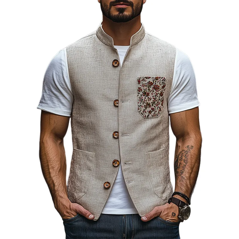 Men's Spring Fashion Retro Stand Collar Embroidered Ramie Vest MTA2892C2K sold by Manly