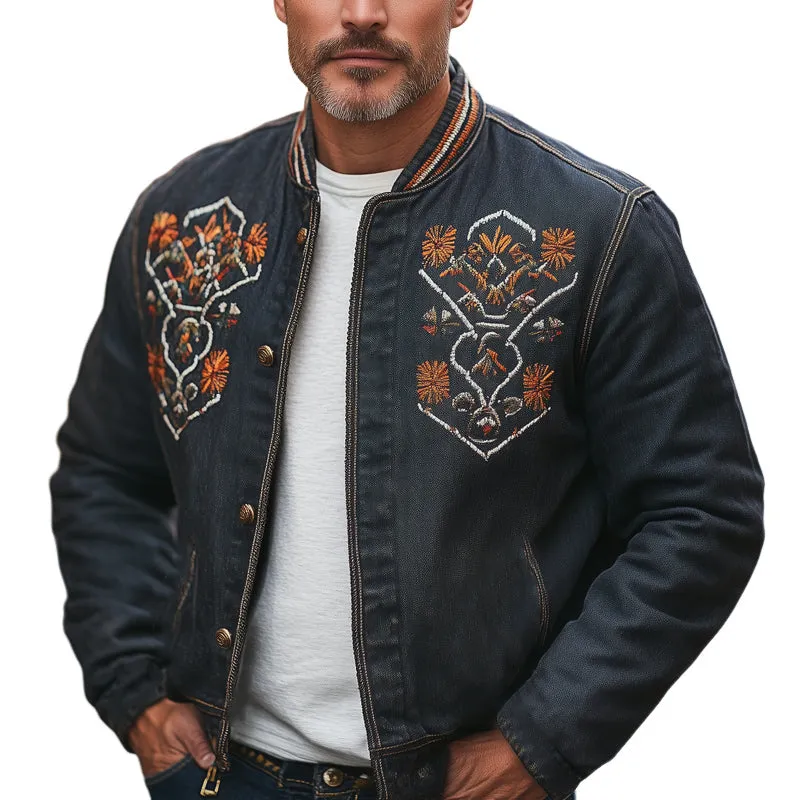 Men's Vintage Western Denim Distressed Embroidered Button Up Jacket MTA2731C7U sold by Manly