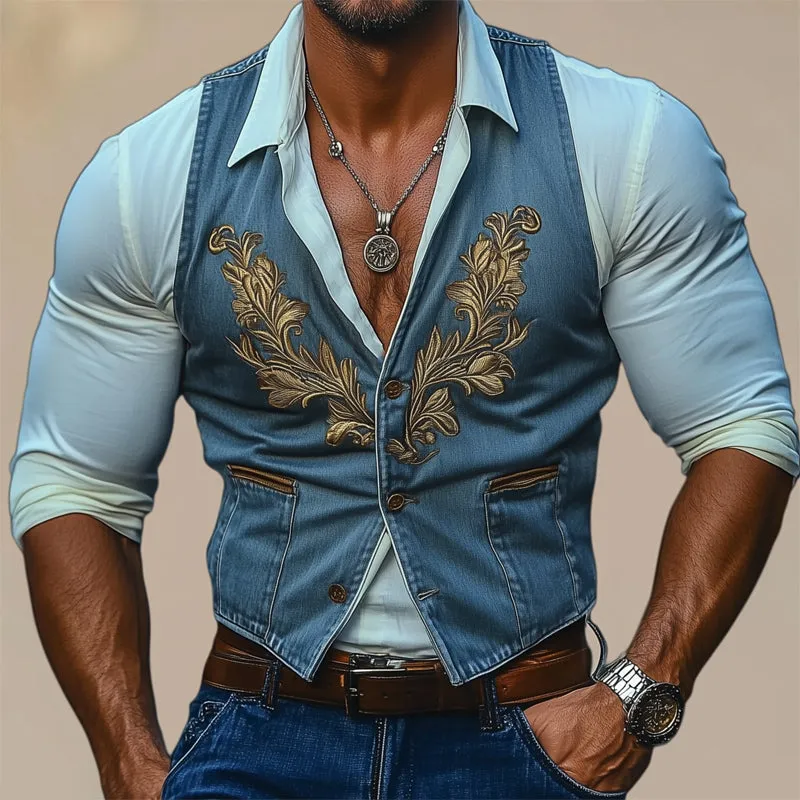 Men's Retro Western Denim Embroidered Button Up Vest MTA2735C1U sold by Manly product image thumbnail 2