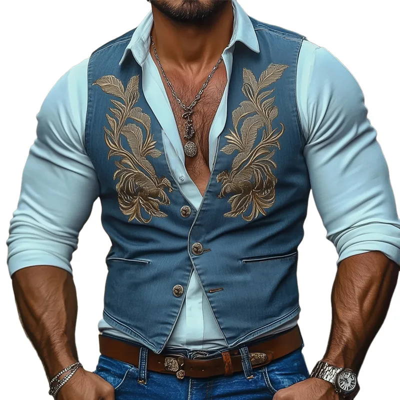 Men's Retro Western Denim Embroidered Button Up Vest MTA2735C1U sold by Manly