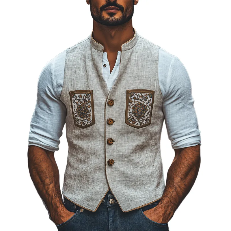 Men's Spring Fashion Retro Stand Collar Embroidered Ramie Slim Vest MTA2817C2K sold by Manly