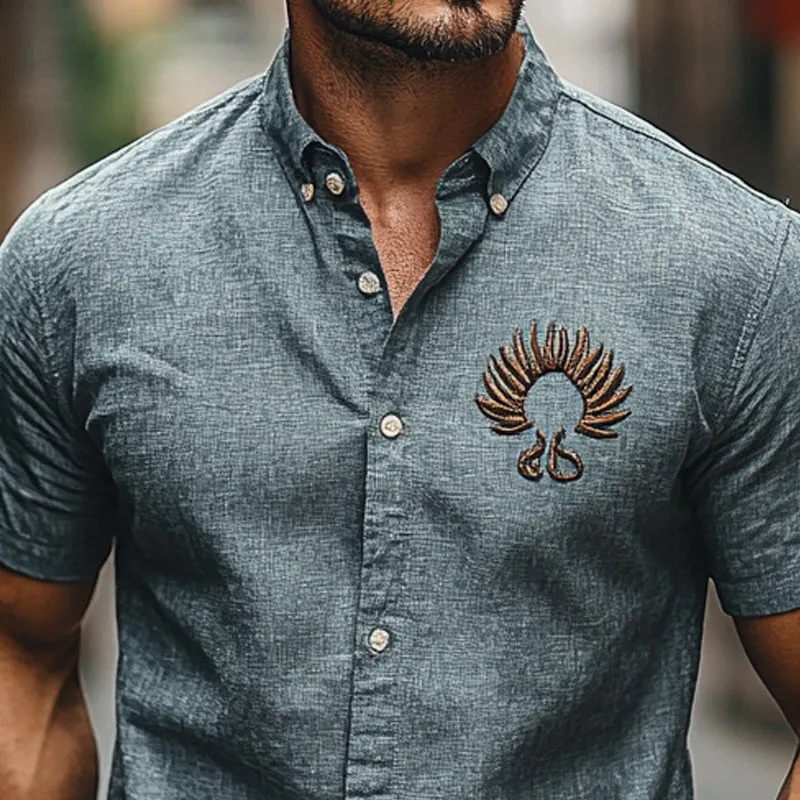 Men's Cotton and Linen Embroidered Short Sleeve Shirt MTA2799C1X sold by Manly product image thumbnail 3
