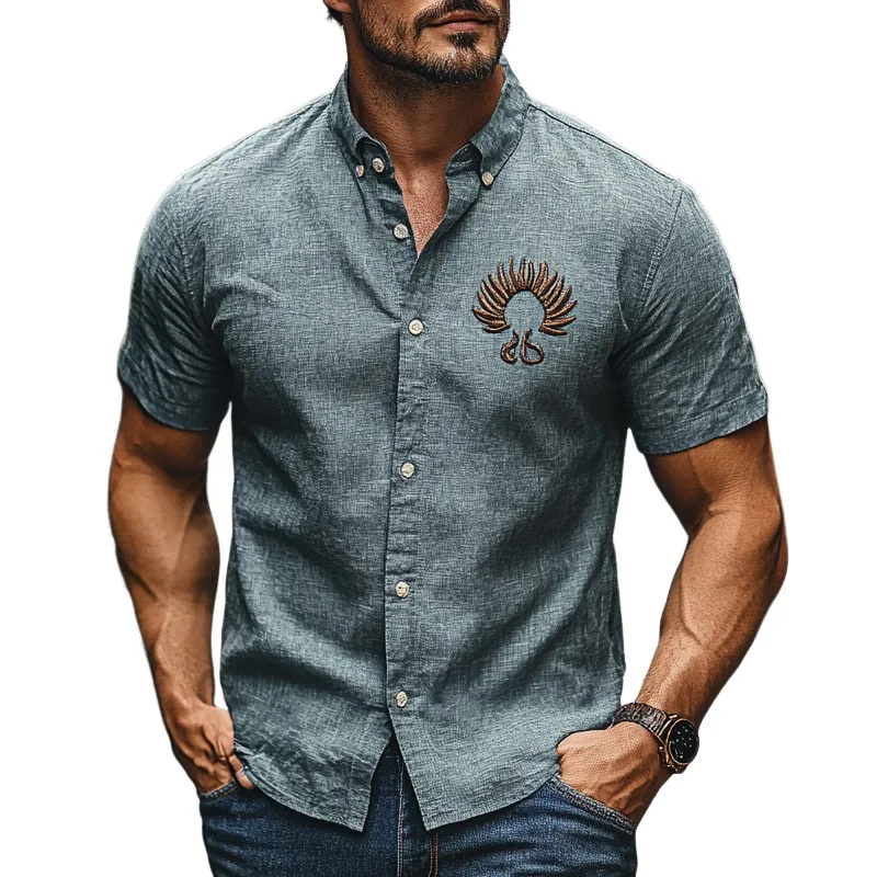 Men's Cotton and Linen Embroidered Short Sleeve Shirt MTA2799C1X sold by Manly