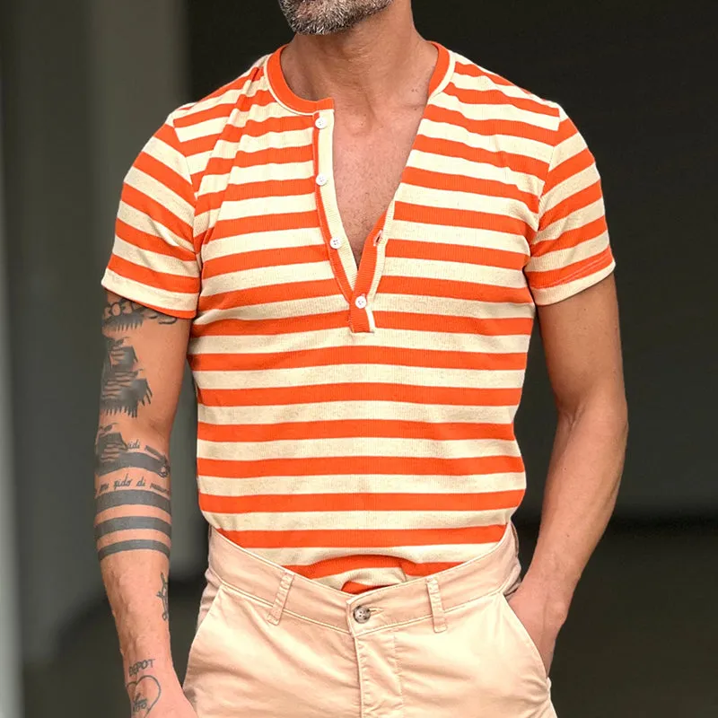 Men's Casual Striped Henley Neck Short Sleeve T-Shirt MTA2789C6X sold by Manly product image thumbnail 4