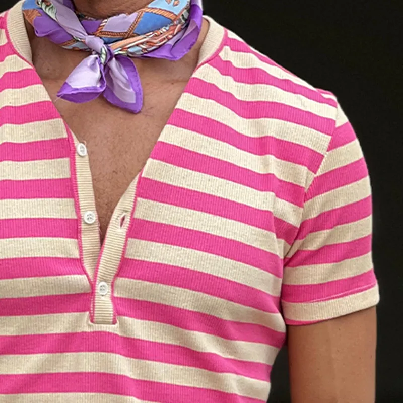 Men's Casual Striped Henley Neck Short Sleeve T-Shirt MTA2789C6X sold by Manly product image thumbnail 5