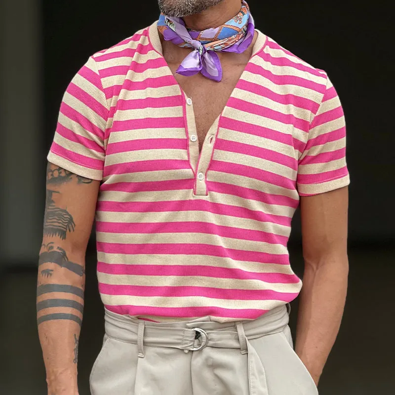 Men's Casual Striped Henley Neck Short Sleeve T-Shirt MTA2789C6X sold by Manly product image thumbnail 3