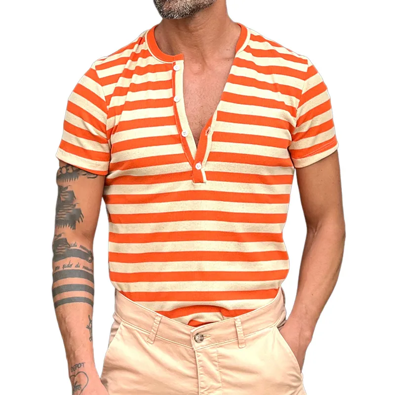 Men's Casual Striped Henley Neck Short Sleeve T-Shirt MTA2789C6X sold by Manly