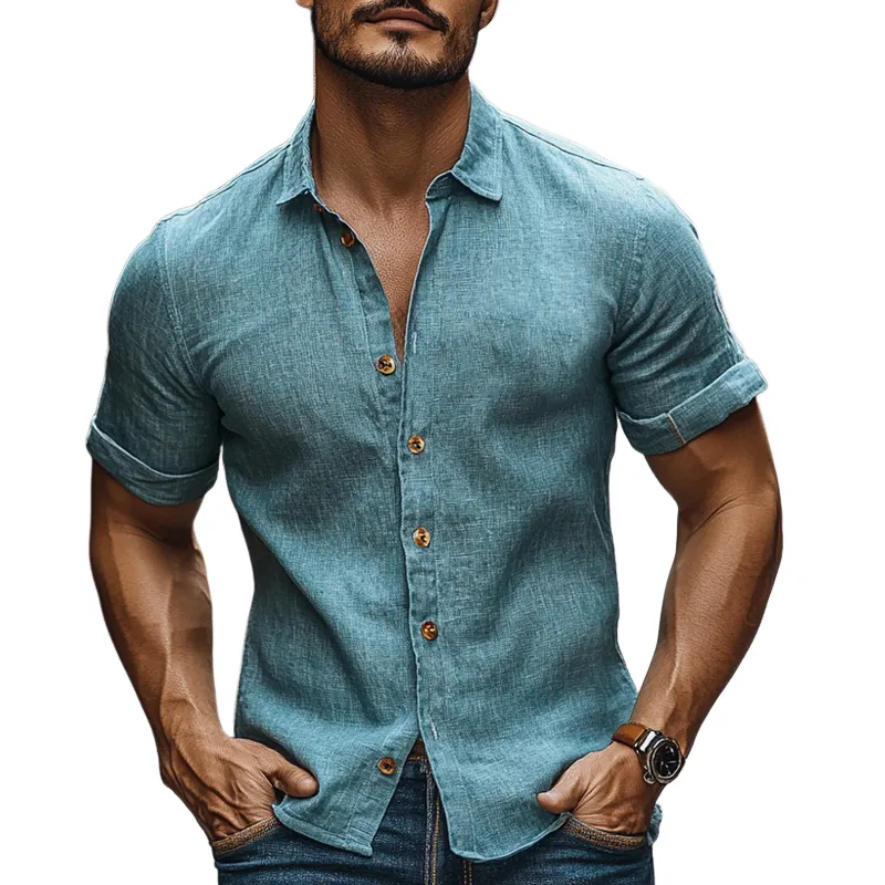 Men's Casual Cotton and Linen Short Sleeve Lapel Shirt MTA2749C0X sold by Manly