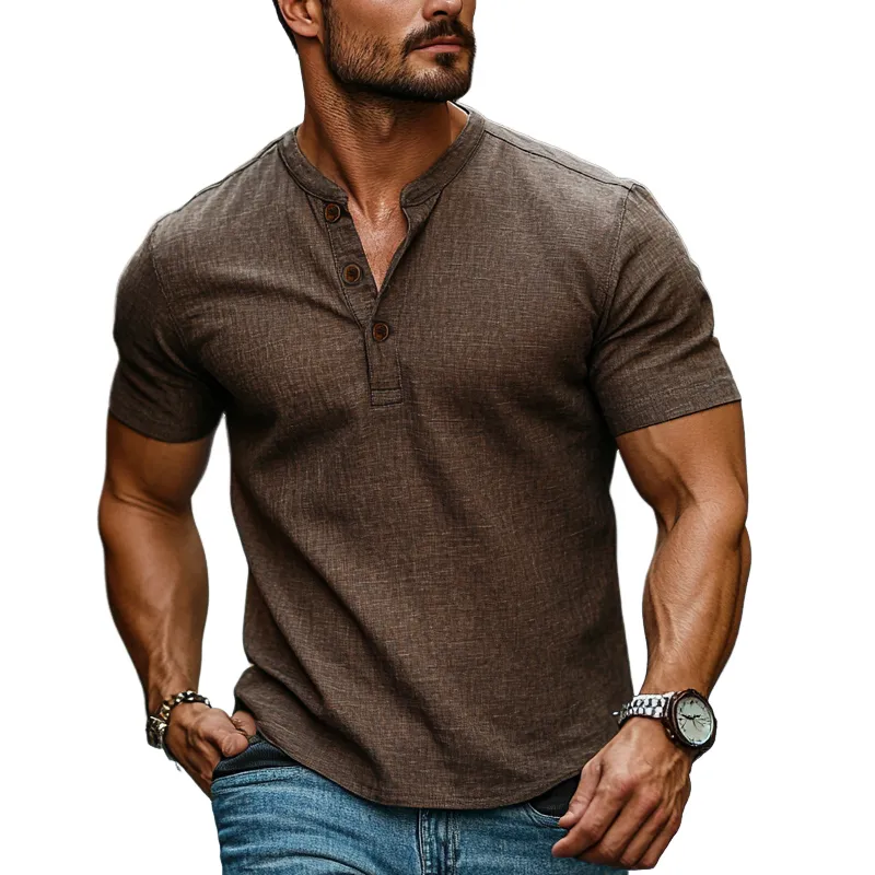 Men's Cotton and Linen Henley Short Sleeve T-Shirt MTA2701C6X sold by Manly