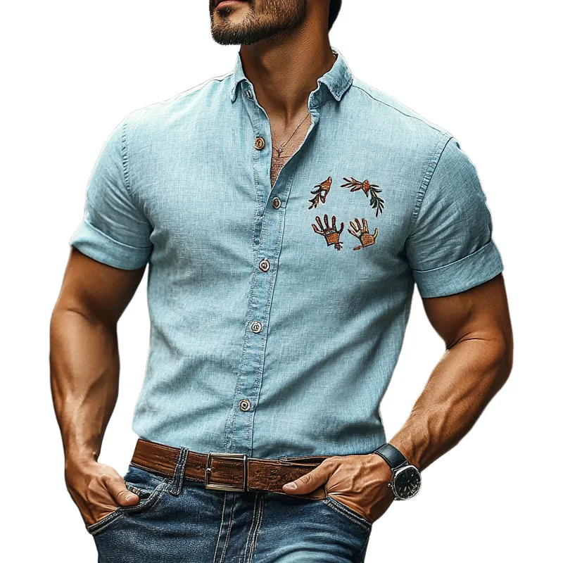 Men's Solid Color Fun Embroidery Cotton Blend Short Sleeve Shirt MTA2720C9X sold by Manly