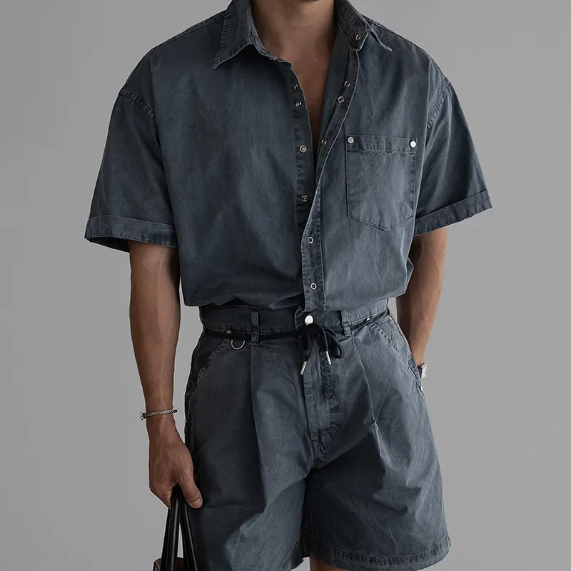 Men's Fashion Washed Cotton Lapel Short Sleeve Shirt Shorts Set MTA2756C1Z sold by Manly product image thumbnail 2