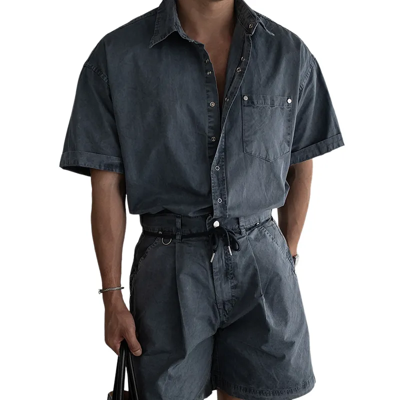 Men's Fashion Washed Cotton Lapel Short Sleeve Shirt Shorts Set MTA2756C1Z sold by Manly
