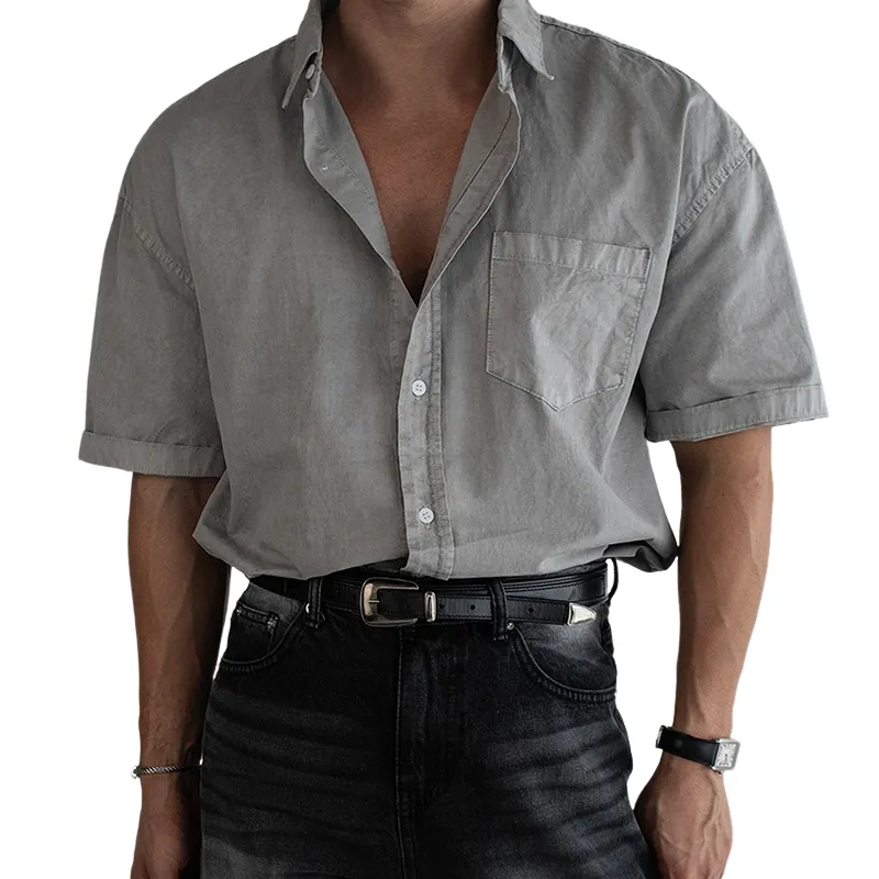 Men's Fashion Washed Cotton Lapel Short Sleeve Shirt MTA2794C8Z sold by Manly