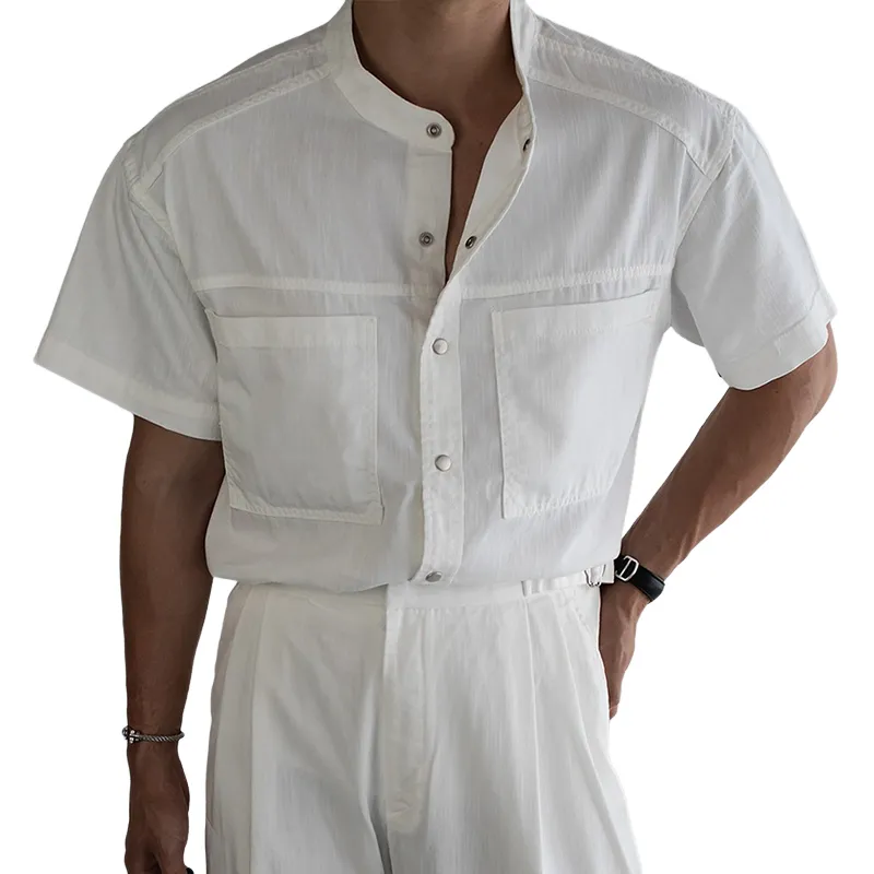 Men's Solid Stand Collar Chest Pocket Short Sleeve Shirt MTA2722C8Z sold by Manly