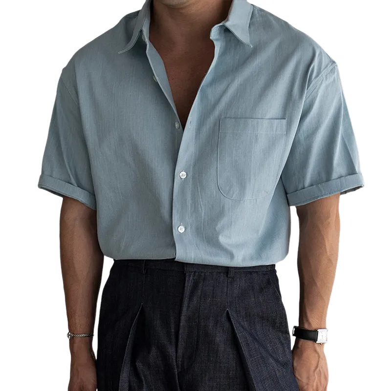 Men's Solid Lapel Chest Pocket Short Sleeve Shirt MTA2777C0Z sold by Manly