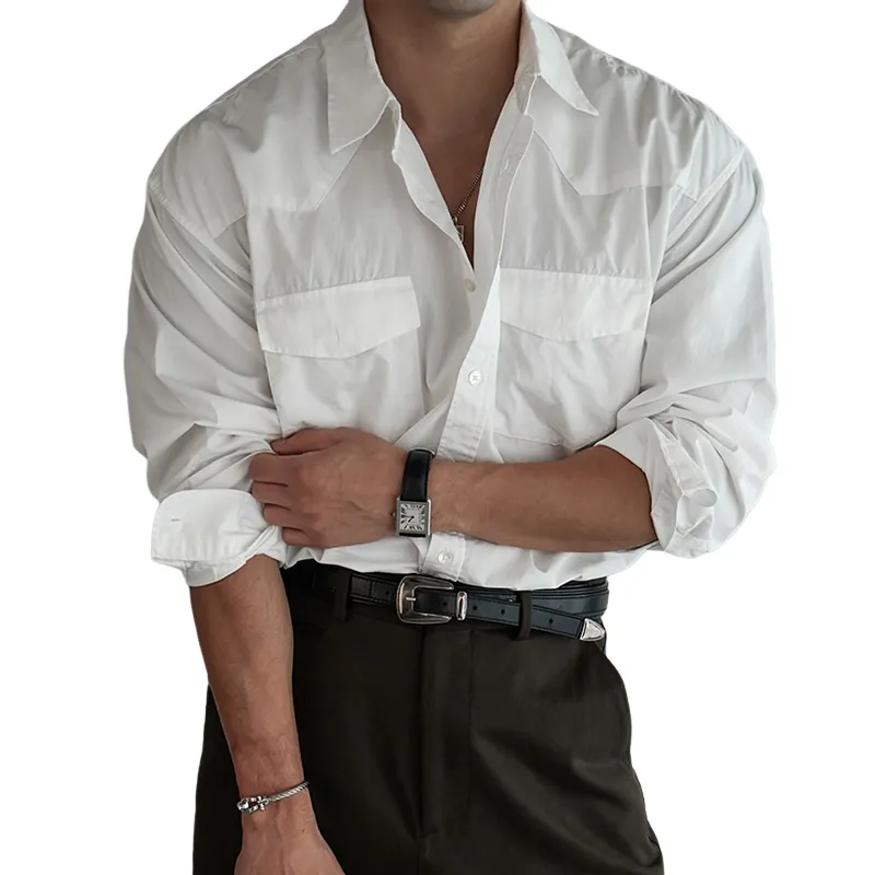 Men's Solid Lapel Chest Pocket Long Sleeve Shirt MTA2730C9Z sold by Manly