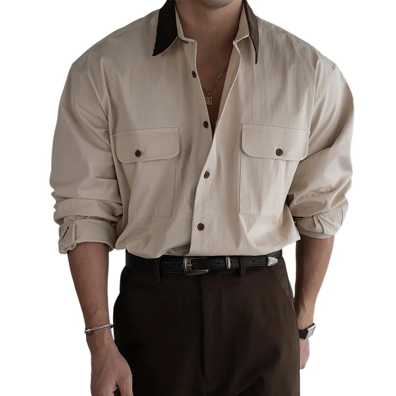 Men's Colorblock Lapel Chest Pocket Long Sleeve Shirt MTA2730C5Z sold by Manly