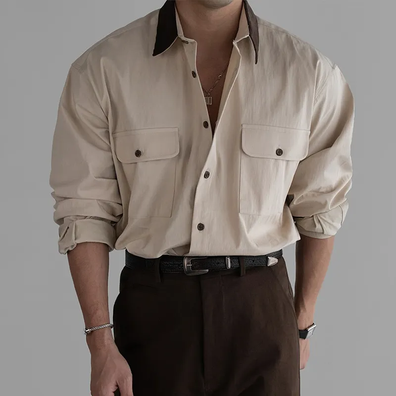 Men's Colorblock Lapel Chest Pocket Long Sleeve Shirt MTA2730C5Z sold by Manly product image thumbnail 3