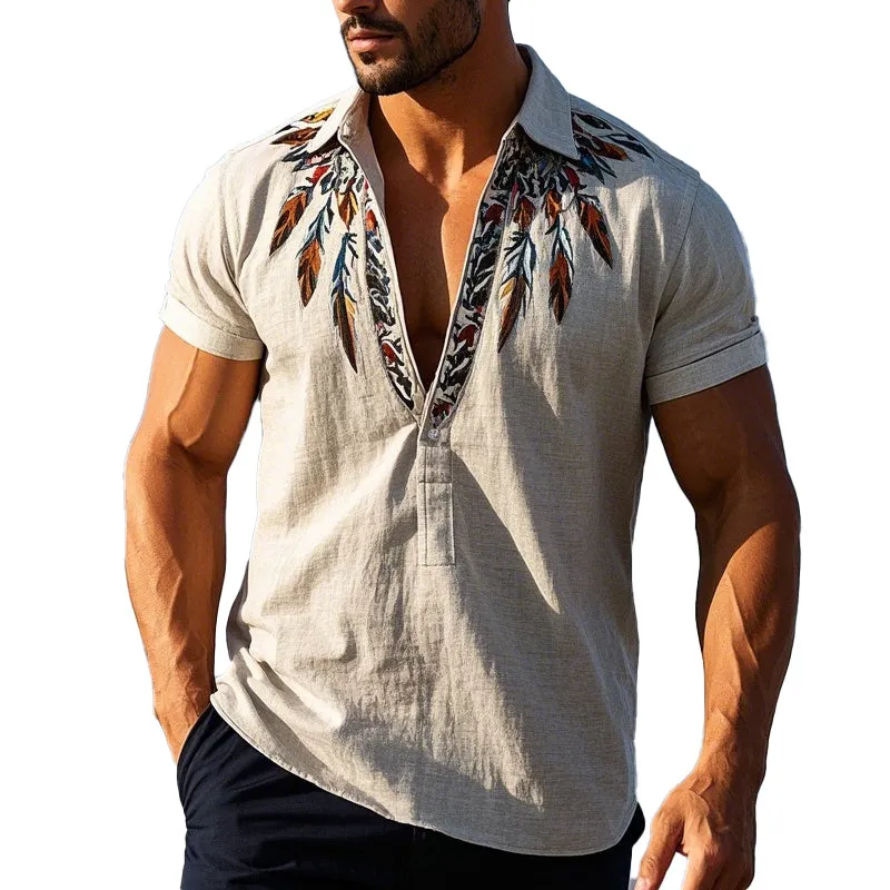 Men's Vintage Feather Embroidered Pullover Short Sleeve Shirt MTA2596C7X sold by Manly