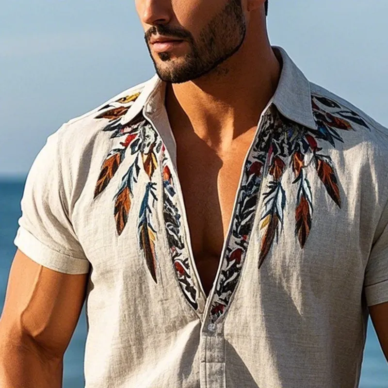 Men's Vintage Feather Embroidered Pullover Short Sleeve Shirt MTA2596C7X sold by Manly product image thumbnail 3