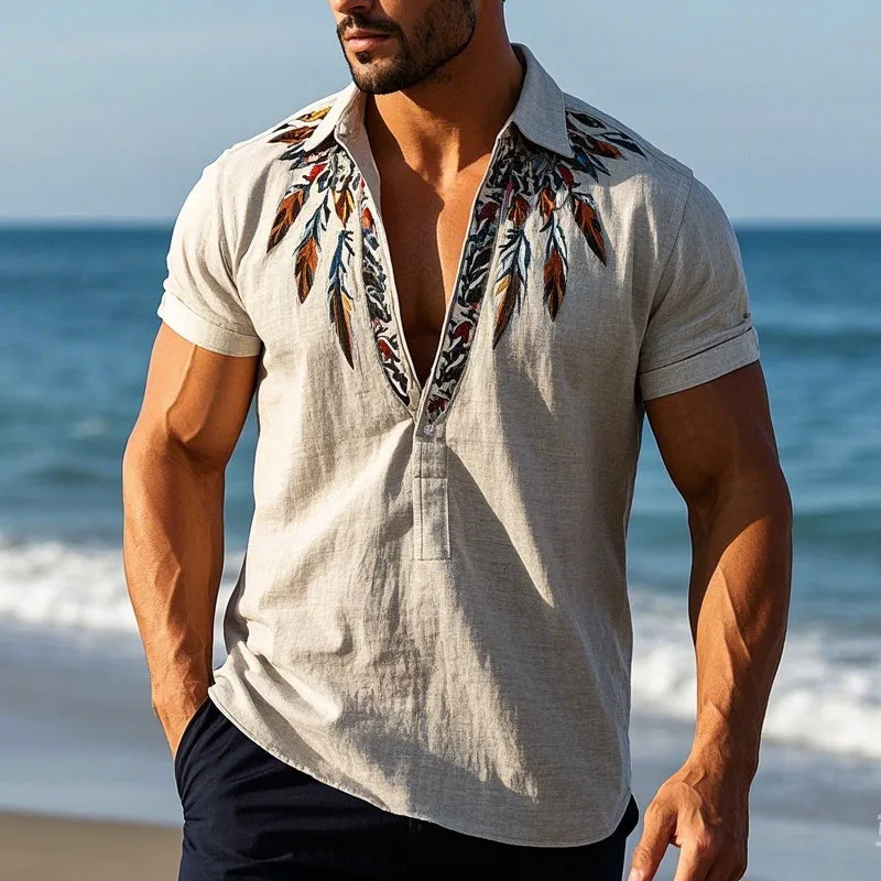 Men's Vintage Feather Embroidered Pullover Short Sleeve Shirt MTA2596C7X sold by Manly product image thumbnail 2