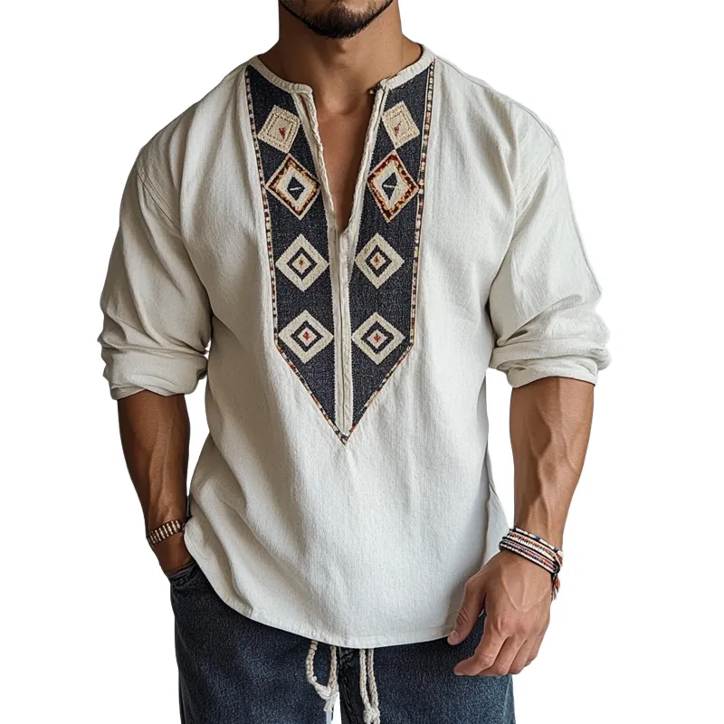 Men's Retro Bohemian Printed Crew Neck Long Sleeve Shirt MTA2768C1X sold by Manly
