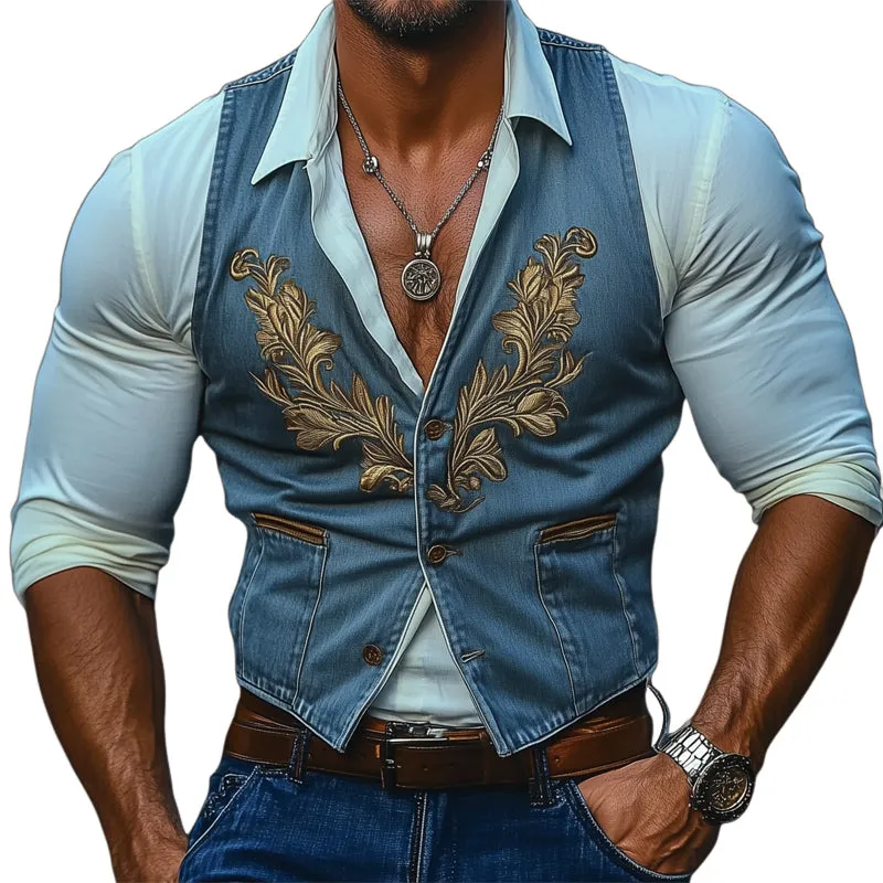 Men's Vintage Three-Button Denim Embroidered Vest MTA2743C4U sold by Manly