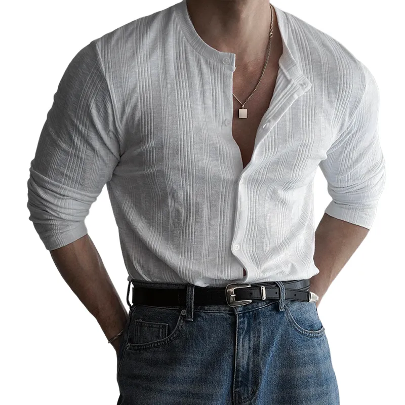 Men's Fashion Solid Striped Round Neck Long Sleeve Single Breasted T-shirt MTA2749C2Z sold by Manly