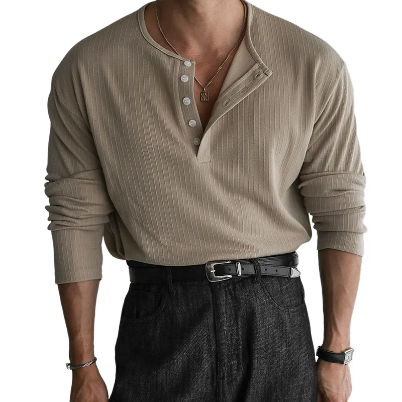 Men's Fashion Solid Striped Henley Collar Long Sleeve T-shirt MTA2799C7Z sold by Manly