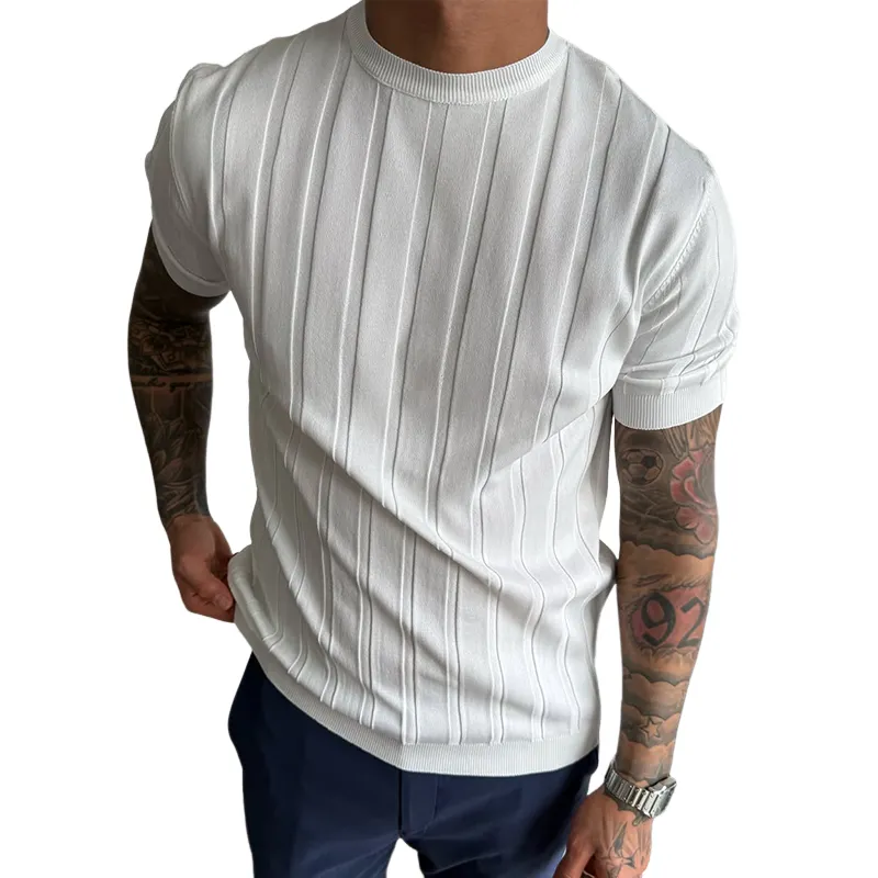 Men's Solid Knit Striped Round Neck Short Sleeve T-shirt MTA2512C2Z sold by Manly