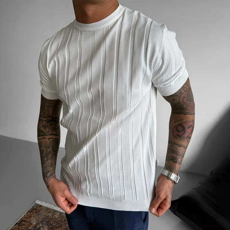 Men's Solid Knit Striped Round Neck Short Sleeve T-shirt MTA2512C2Z sold by Manly product image thumbnail 3