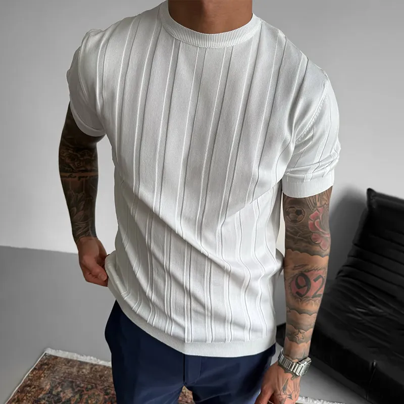 Men's Solid Knit Striped Round Neck Short Sleeve T-shirt MTA2512C2Z sold by Manly product image thumbnail 2