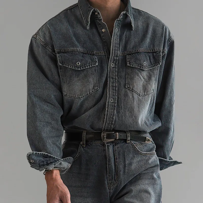 Men's Fashion Washed Denim Lapel Chest Pocket Long Sleeve Shirt MTA2780C4Z sold by Manly product image thumbnail 3