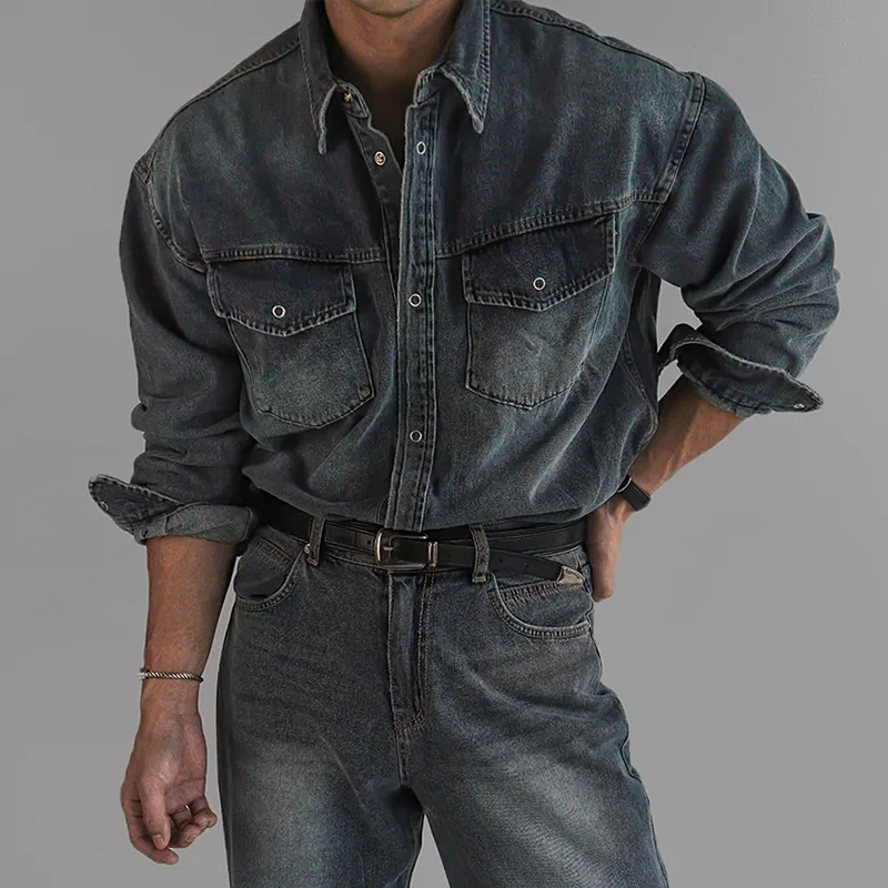 Men's Fashion Washed Denim Lapel Chest Pocket Long Sleeve Shirt MTA2780C4Z sold by Manly product image thumbnail 2