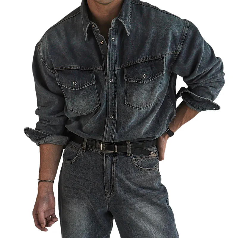 Men's Fashion Washed Denim Lapel Chest Pocket Long Sleeve Shirt MTA2780C4Z sold by Manly