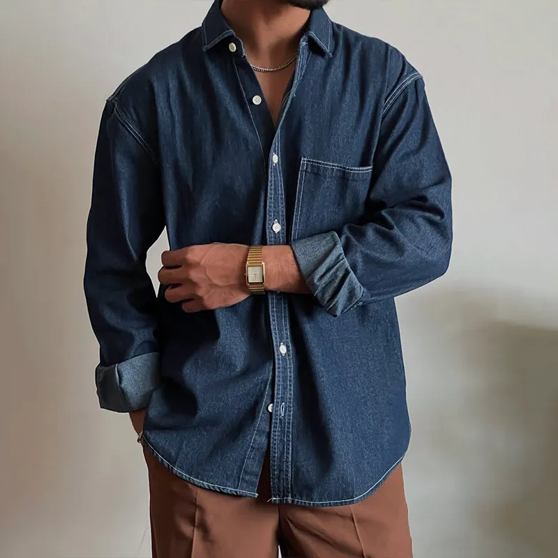 Men's Fashion Cozy Denim Lapel Chest Pocket Long Sleeve Shirt MTA2756C9Z sold by Manly product image thumbnail 2