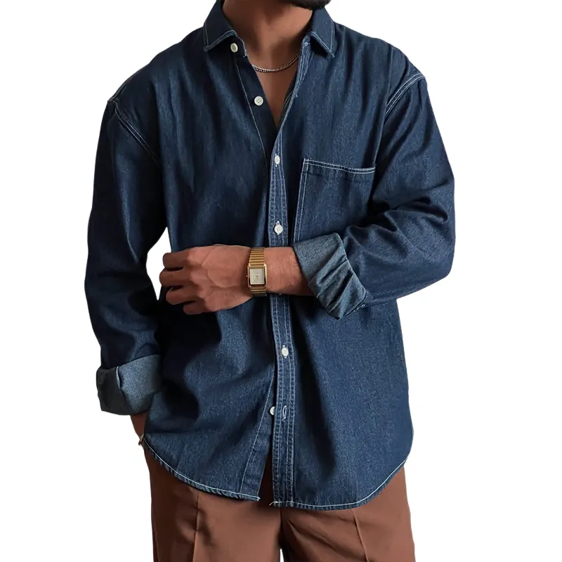 Men's Fashion Cozy Denim Lapel Chest Pocket Long Sleeve Shirt MTA2756C9Z sold by Manly