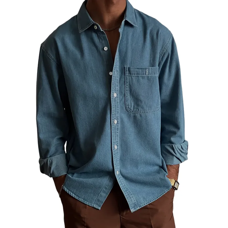 Men's Fashion Cozy Denim Lapel Chest Pocket Long Sleeve Shirt MTA2702C6Z sold by Manly
